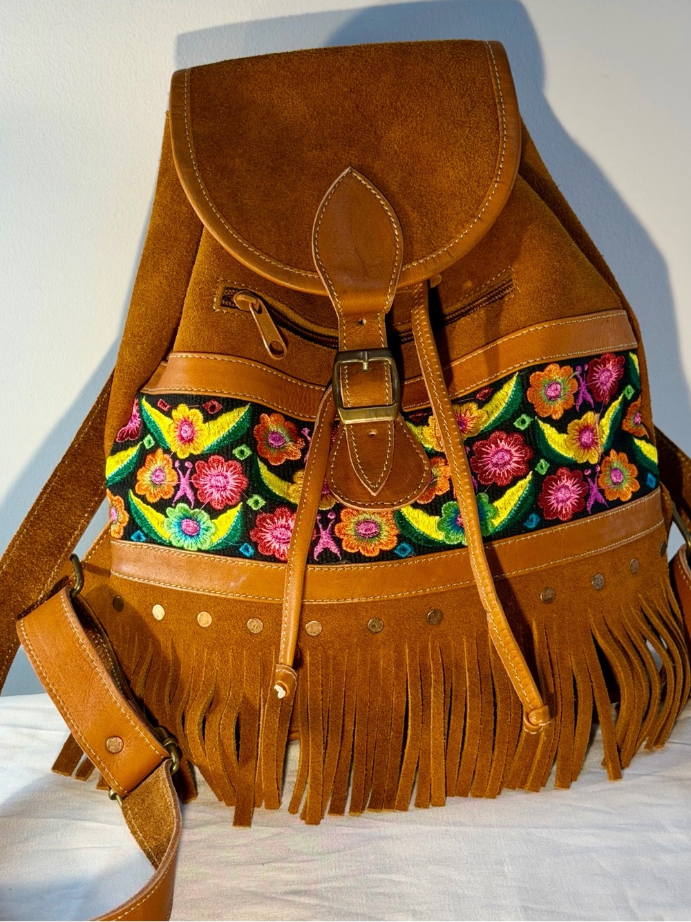 Boho Fringe Suede Backpack with Floral Embroidery - Brown